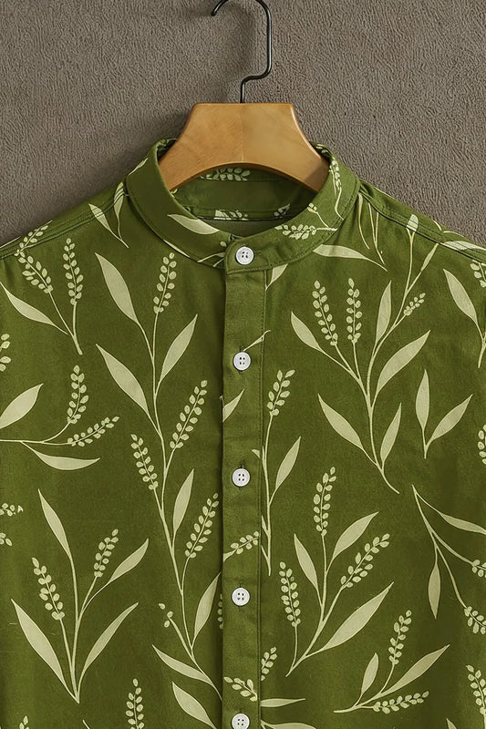 Menโs Leaf Print Short Sleeve Shirt โ Mandarin Collar Casual Wear