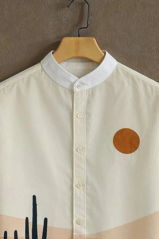 Menโs Desert Landscape Print Short Sleeve Shirt โ Mandarin Collar Casual Wear