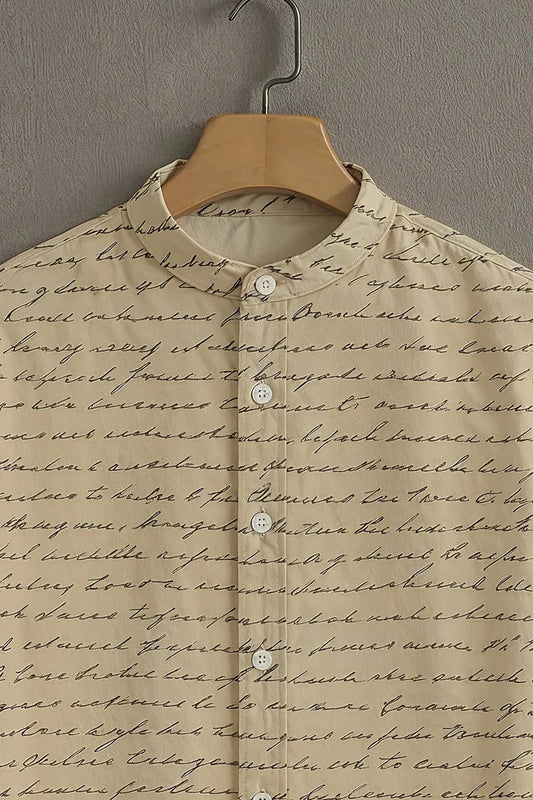 Menโs Script Print Short Sleeve Shirt โ Mandarin Collar Casual Wear