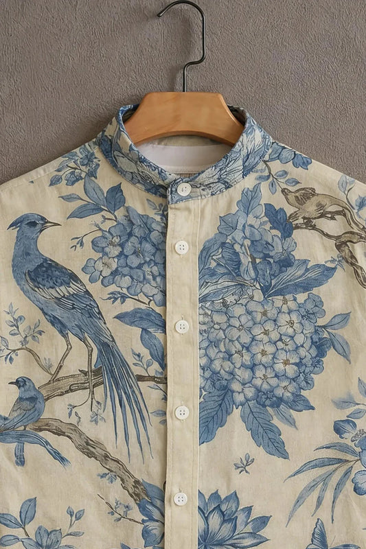 Menโs Botanical Bird Print Short Sleeve Shirt โ Mandarin Collar Casual Wear