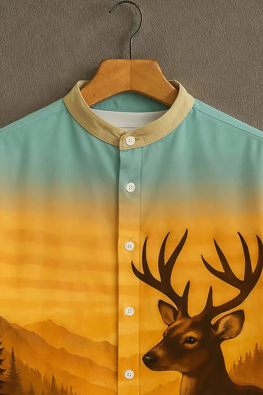 Menโs Nature Printed Short Sleeve Shirt โ Scenic Deer Landscape Casual Wear
