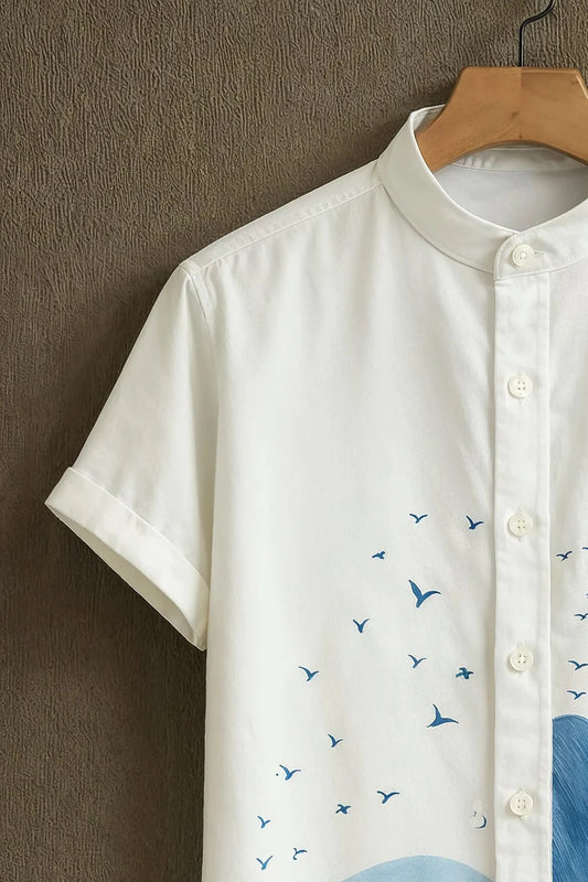 Menโs Ocean Wave & Feather Print Short Sleeve Shirt โ Minimal Artistic Casual Wear