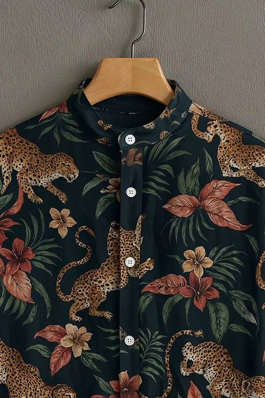 Menโs Tropical Leopard Print Short Sleeve Shirt โ Mandarin Collar Casual Wear