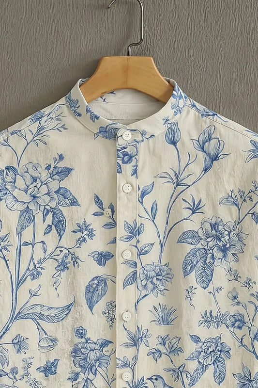 Menโs Vintage Floral Print Short Sleeve Shirt โ Mandarin Collar Casual Wear