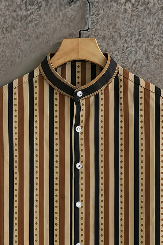 Menโs Vertical Stripe Print Short Sleeve Shirt โ Mandarin Collar Casual Wear