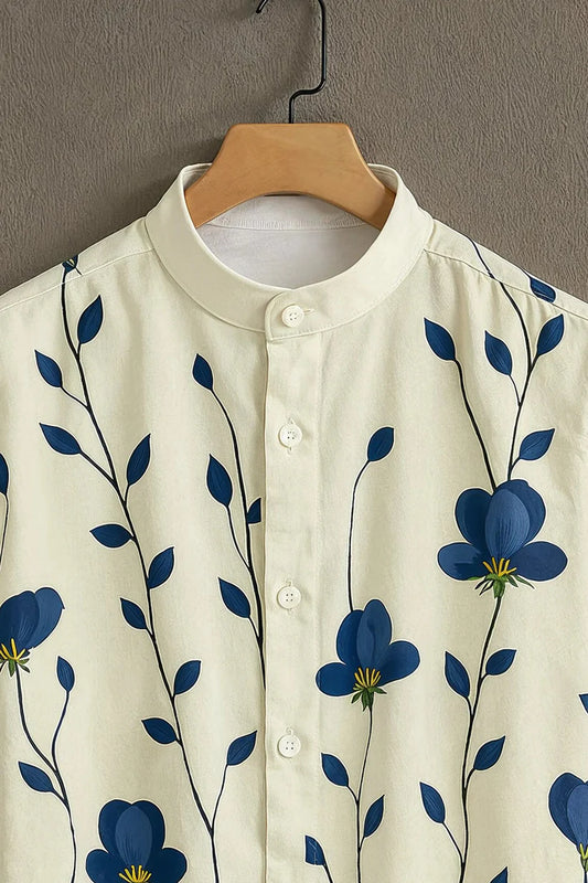 Menโs Blue Floral Print Short Sleeve Shirt โ Mandarin Collar Casual Summer Wear