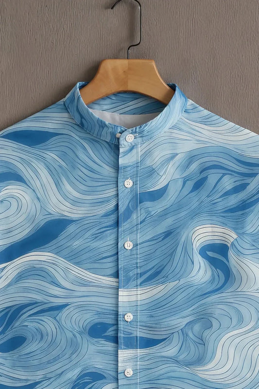 Menโs Abstract Wave Print Short Sleeve Shirt โ Mandarin Collar Casual Wear