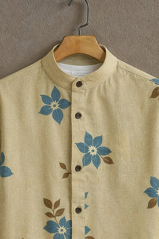 Menโs Floral Print Short Sleeve Shirt โ Mandarin Collar Casual Summer Wear