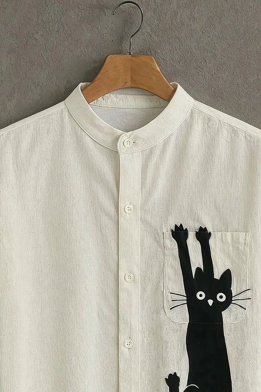 Menโs Minimal Cat Graphic Short Sleeve Shirt โ Mandarin Collar Casual Wear