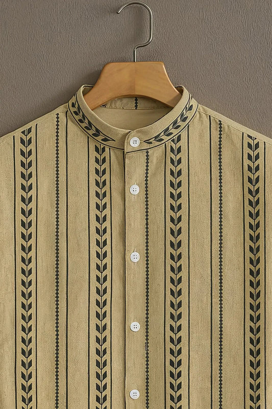 Menโs Ethnic Stripe Print Short Sleeve Shirt โ Mandarin Collar Casual Wear